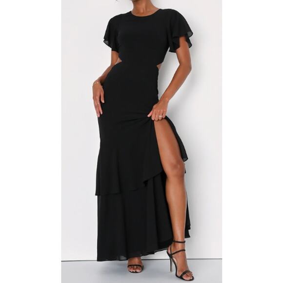 LULUS SZ S Black Celebrate Charm Tiered Cutout Round Neck Maxi Dress NEW B137 - Picture 1 of 11